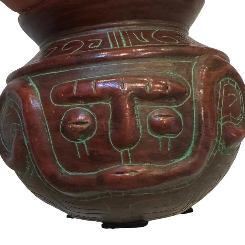 Handmade Red Clay Pottery Vessel Incised Tribal Face Design Green Accents 5